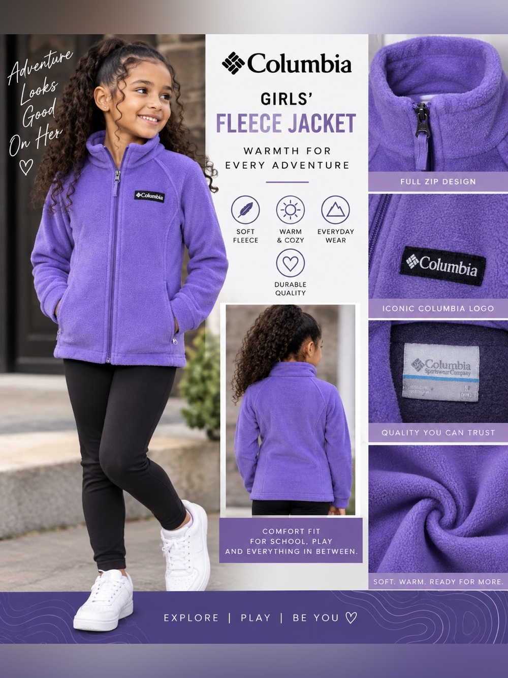 Columbia Girls' Purple Fleece Full-Zip Jacket size small 6-7